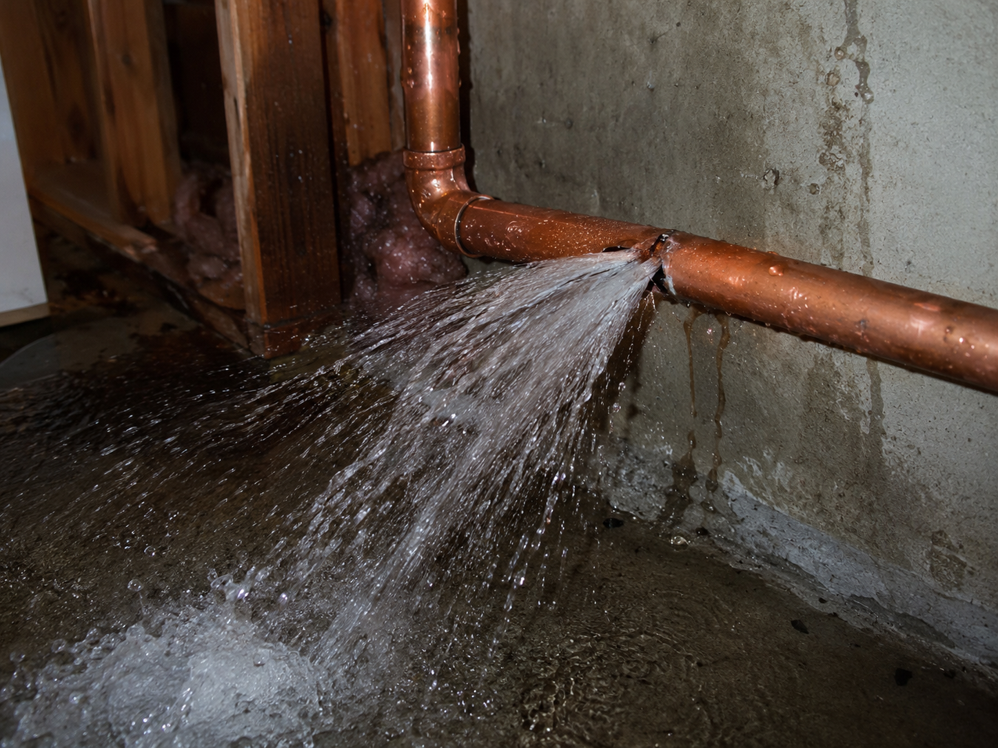 A broken copper pipe causing water damage inside a property