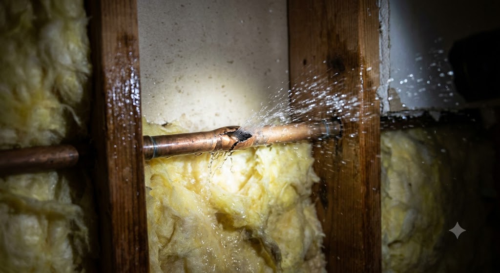 Wall water damage from a burst pipe in Park West Mount Pleasant