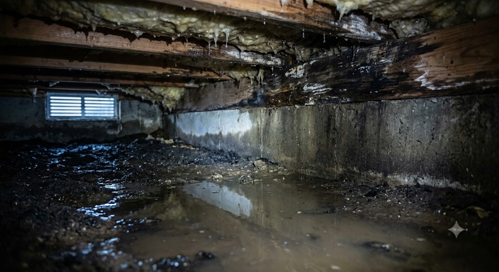 Wet crawl space insulation during Old Village water damage cleanup