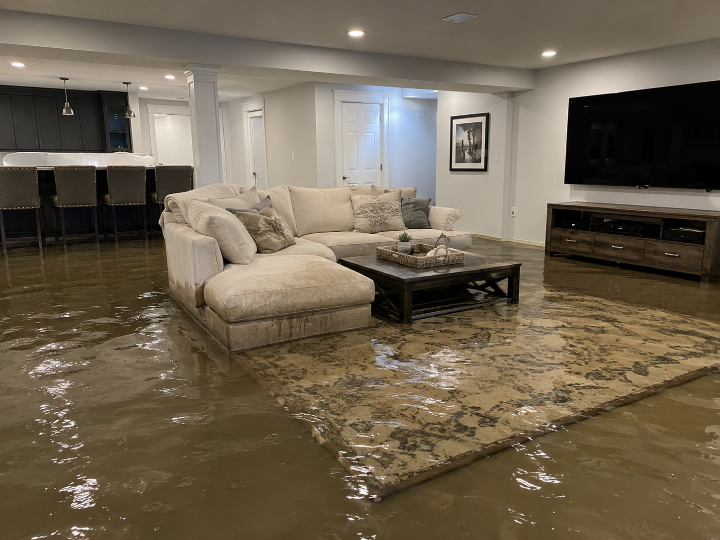 Finished basement affected by flood water